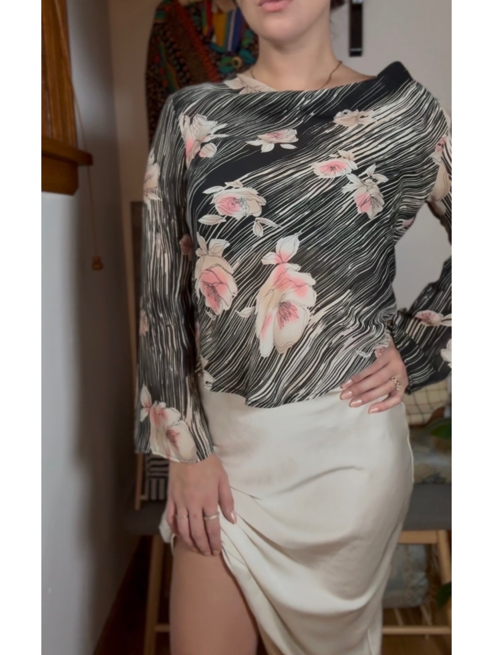 Vintage IONA Women's Black and Pink Floral Sheer Long Sleeve Blouse Size S